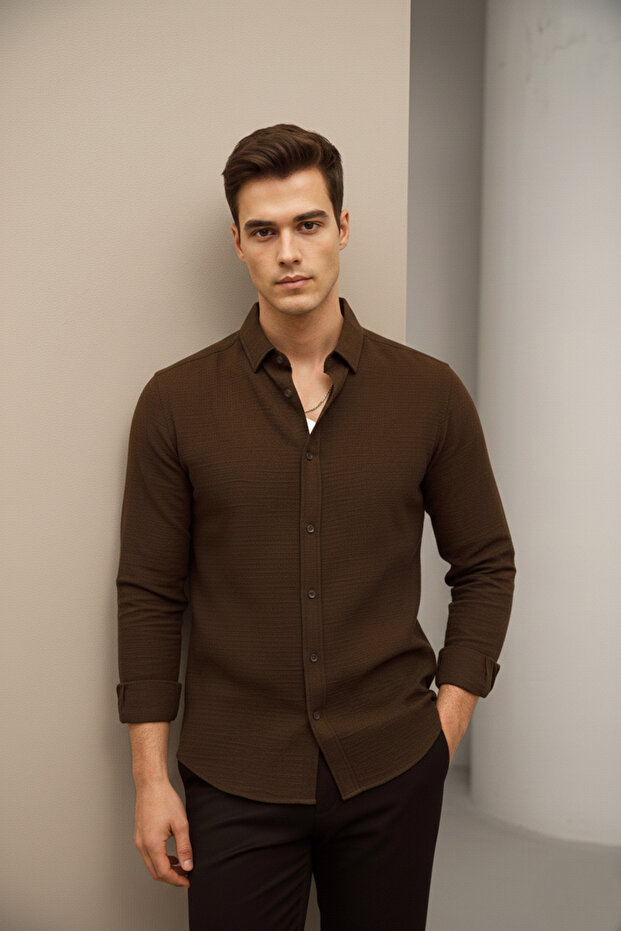 Brown Oversize Textured Shirt - 1
