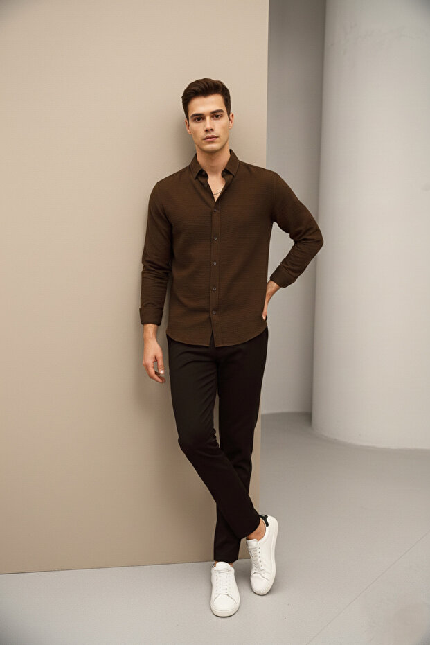 Brown Oversize Textured Shirt - 3