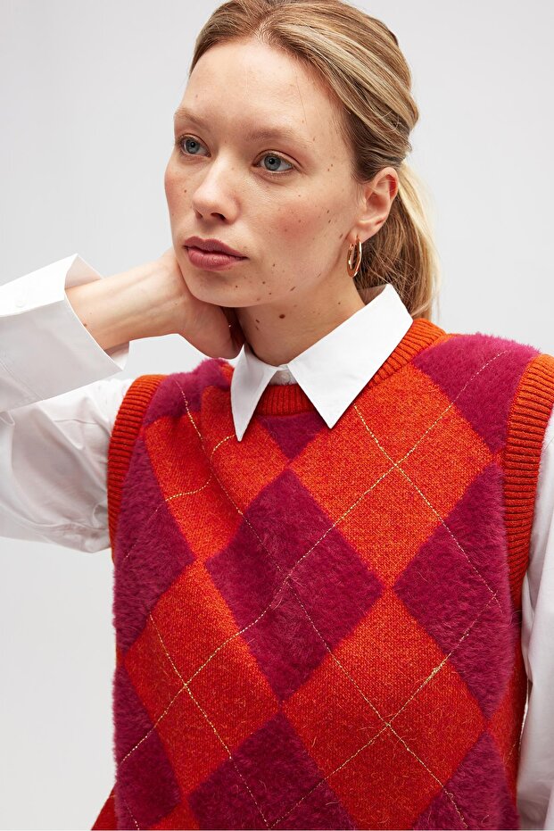 Baklavalı Kadın Triko - Turuncu Multi - 3