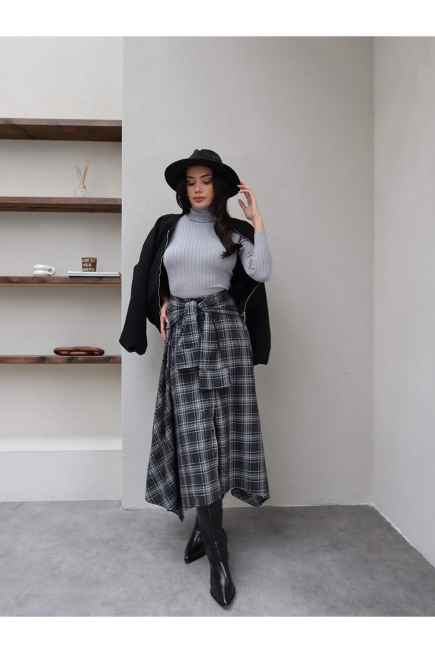 Plaid Skirt with Tie Detail