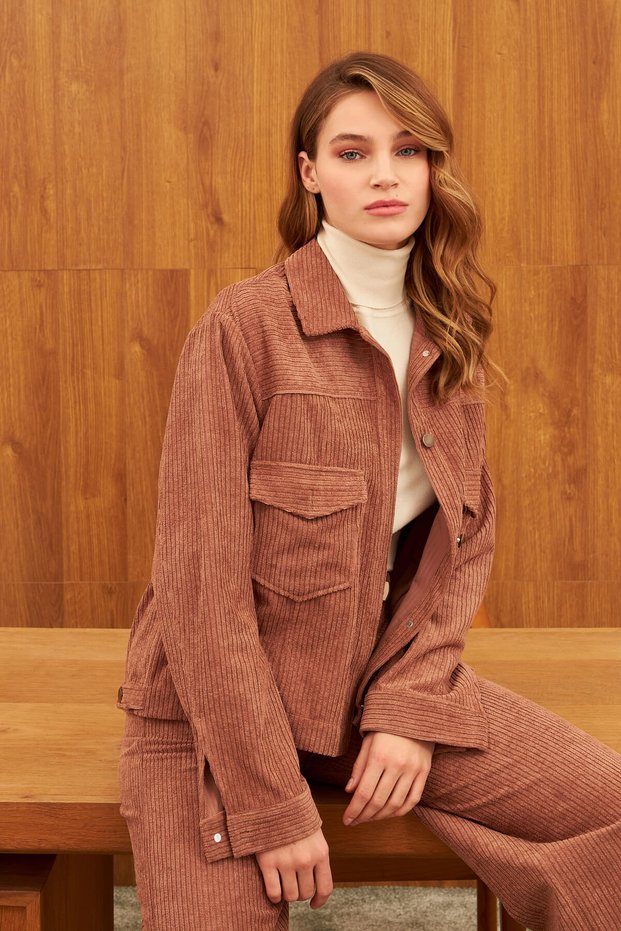 Brown Corded Fabric Velvet Shirt Jacket