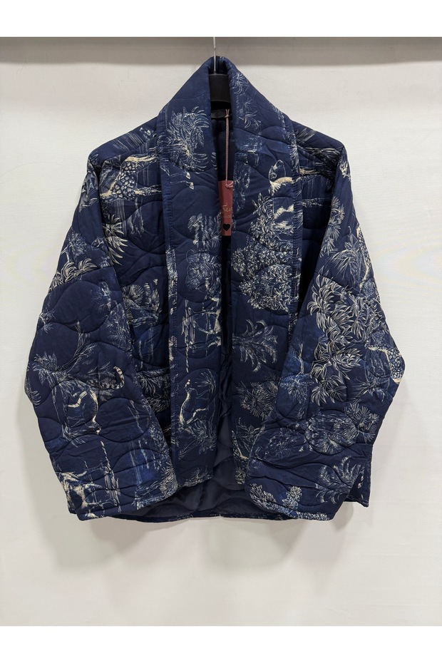 Women's Navy Blue Italian Floral Patterned Cotton O Oversized Quilted Kimono & Kaftan