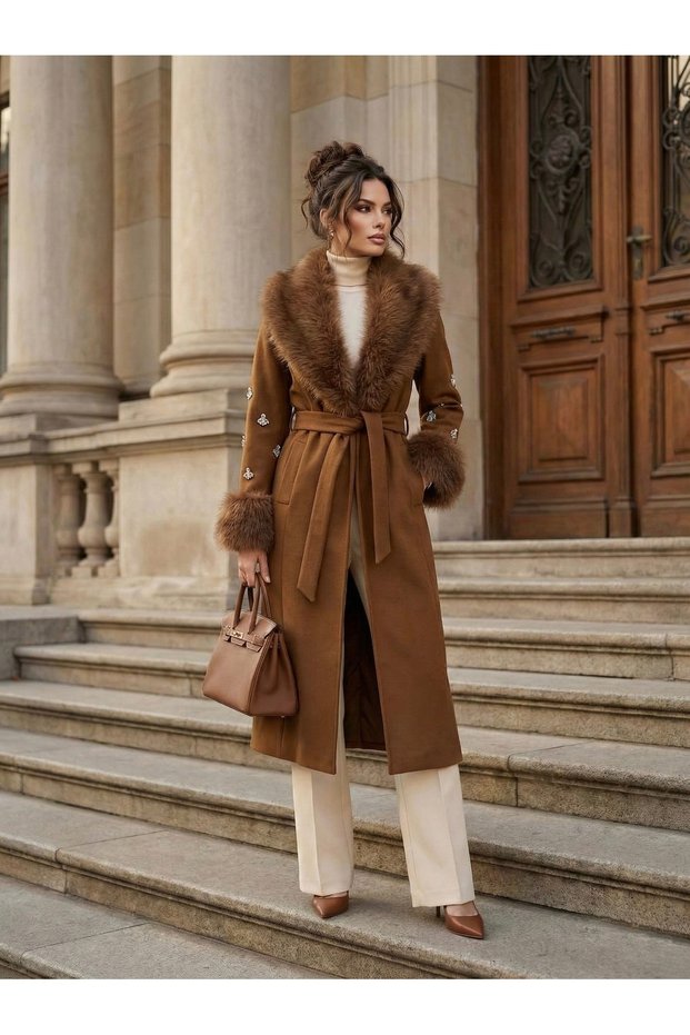 Imported Fabric, Fur Sleeves, Stone Detailing, Belted, Lined, Special Design Midi Cashmere Coat