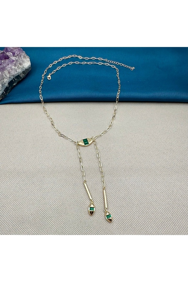 Gold Color Stone Paperclip Chain Dangle Long Necklace