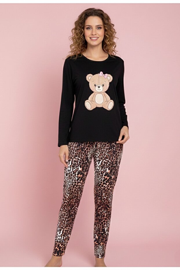 Teddy Hug Black Long Sleeve Crew Neck Women's Pajama Set
