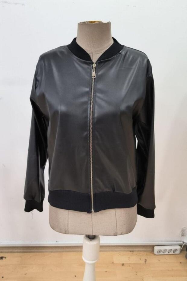 Zippered Leather Bomber Jacket - Black - 4
