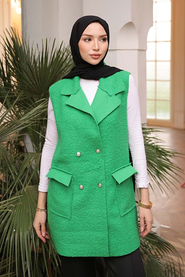 Green Double-Breasted Pocket Boucle Vest