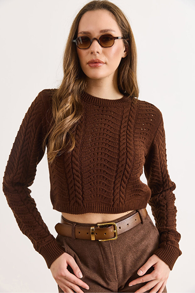 Women's Bitter Brown Wave Knitted Crop Sweater Kzk-19000822