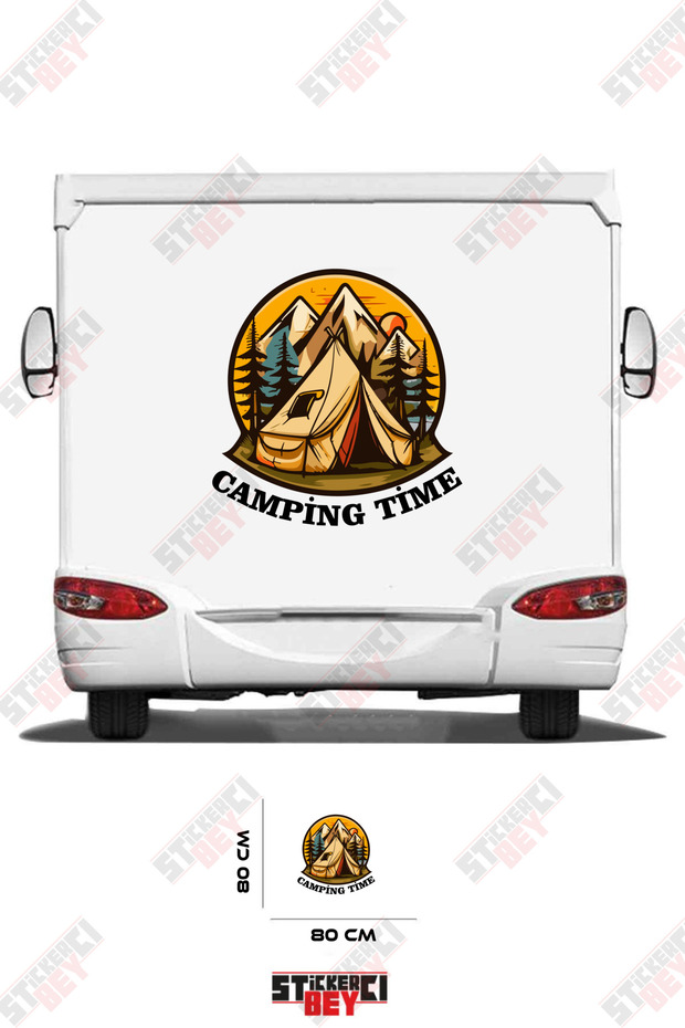 Camping Time Written on the Caravan Sticker with a Tent and Mountain Image