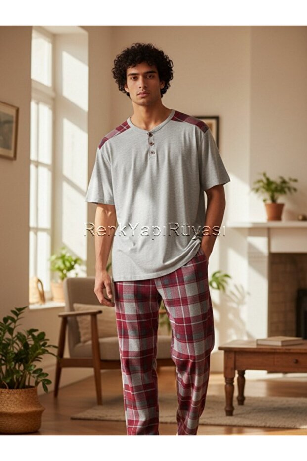 100% Cotton Soft Textured Short Sleeve Cotton Summer Men's Pajama Set Elitol 9801