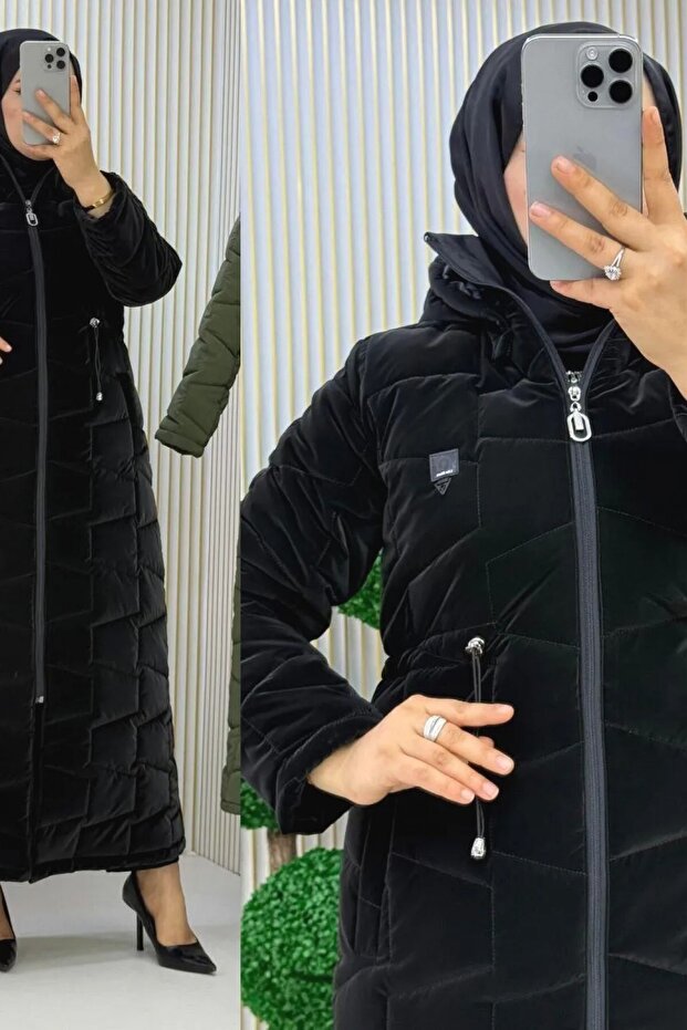Permane Quilted Coat 1. Quality Special Filling Quilted Fabric Women's Khaki Zippered Waist Drawstring Long Coat