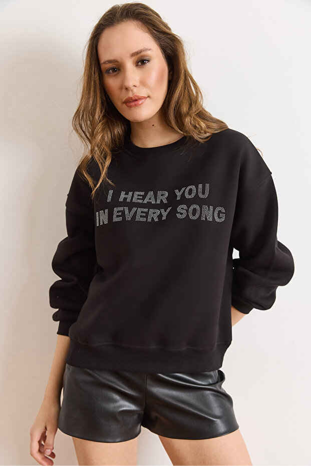 Women's Black Sequin Detailed Fleece-Lined Thick Sweatshirt Swt-19000793