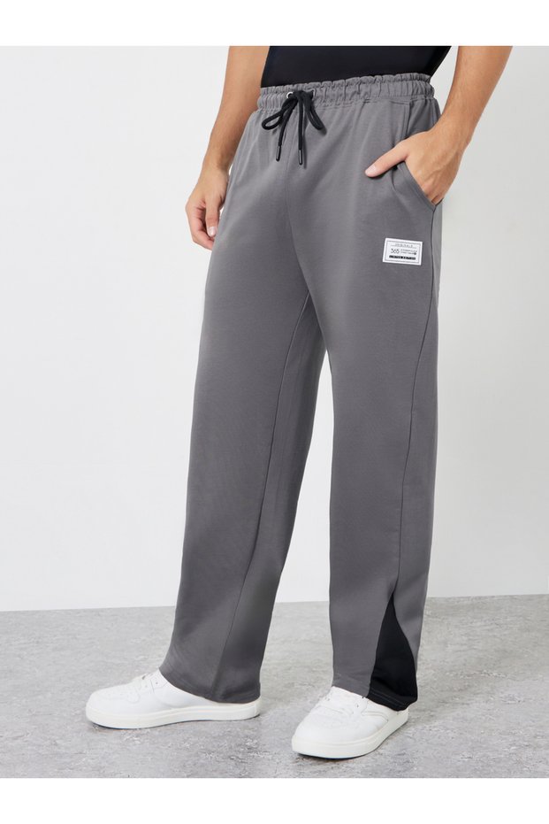 Men Grey Straight Fit Badge Detail Joggers