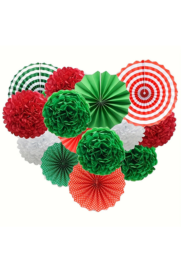 MULTI 15pack Red Green White paper pompom set with paper fan Christmas Day