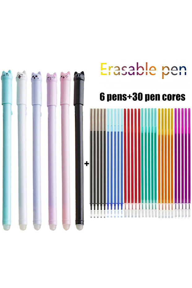 36pcs Mixed 36-Pack Cat-Themed Erasable Gel Pens 6 Colors Refill Set, 0.5mm Fine Point, Heat Sensiti