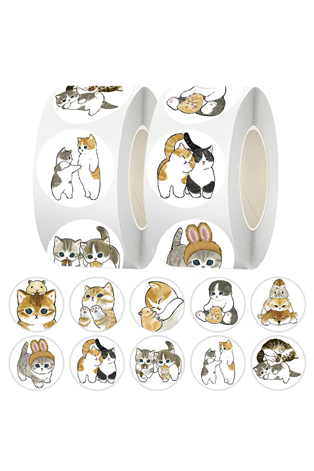 500PCS 500pcs Watercolor Cat Roll Sticker Round Package Labels Fun Sealing Dot Stickers Cartoon Colo