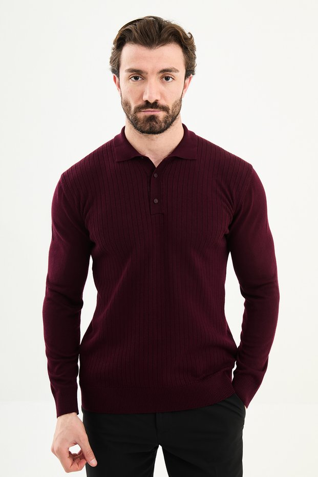 Corded Fabric Slim Fit Polo Neck Men's Knitwear Sweater Claret Red - 11573.25K