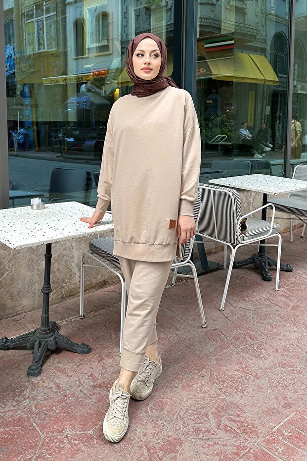 Minimal Düz Basic Sweat - Bej - 1