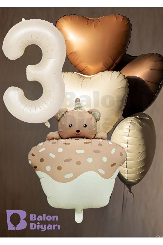 Age-Themed Retro Teddy Bear Cake 3-Piece Heart-Shaped Birthday Balloon Set