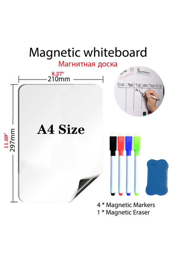 A4 Size -4Pen1Eraser A4 Size Magnetic WhiteBoard for Fridge Sticker Dry Erase Whiteboard,Portable 1