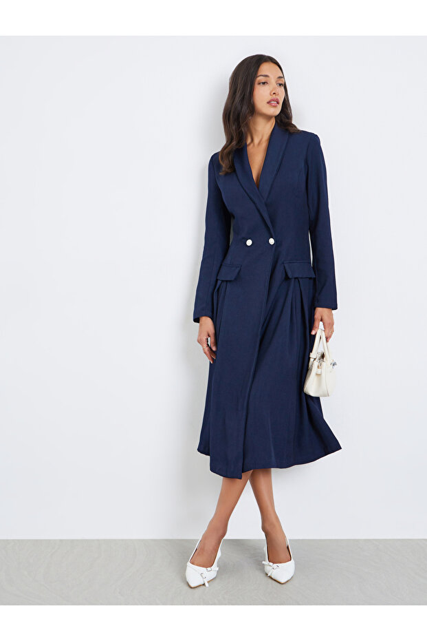 Women Navy Long Sleeves Blazer Midi Dress