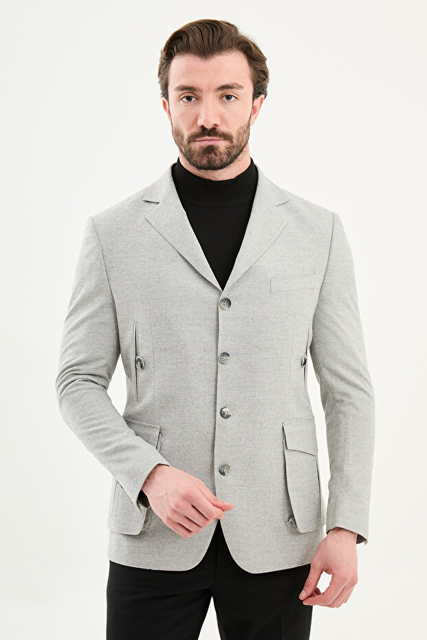 جاكيت رجالي قصة ضيقة ذو ياقة مسطحة وجيوب بتفاصيل أزرار باللون الرمادي - 41475.25K