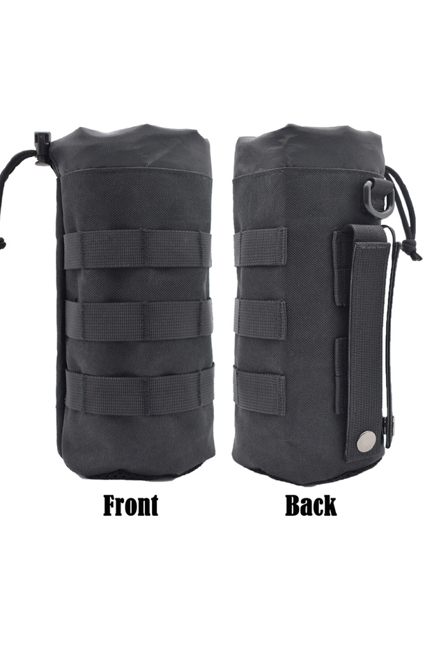 حقيبة زجاجة مياه تكتيكية سوداء بنظام MOLLE، مناسبة للسفر والرياضة، مزودة بحامل زجاجة مياه MOLLE مع فتحة رباط على شكل حرف T
