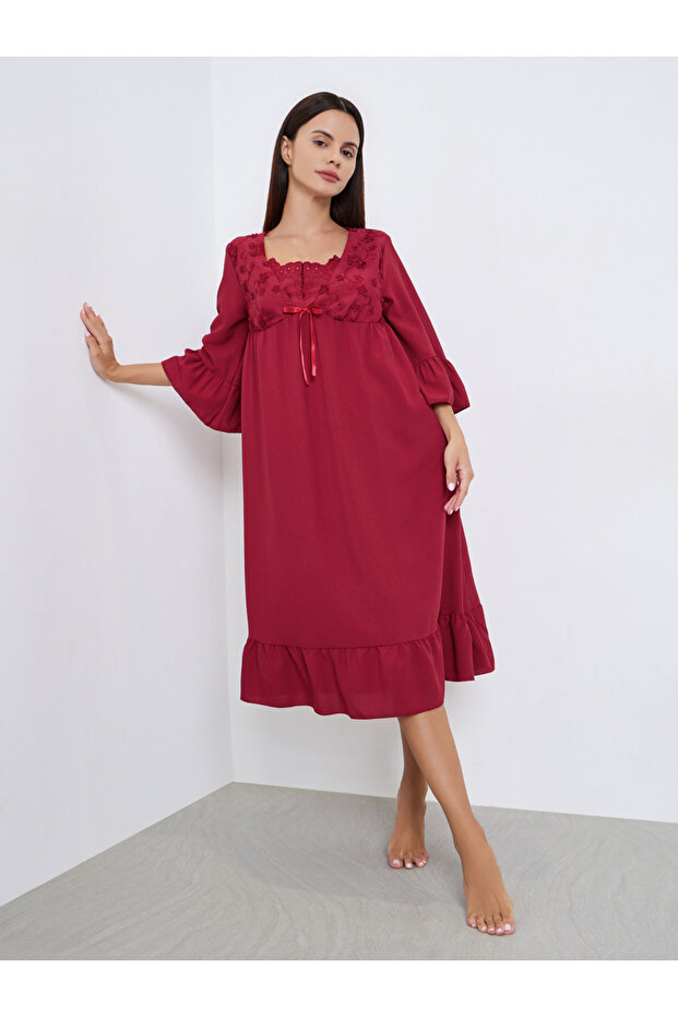 Embroidery Panel 3/4 Sleeve Ruffle Hem Nightdress