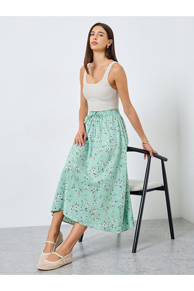 Floral Printed Drawstring Elastic Waist Skirt