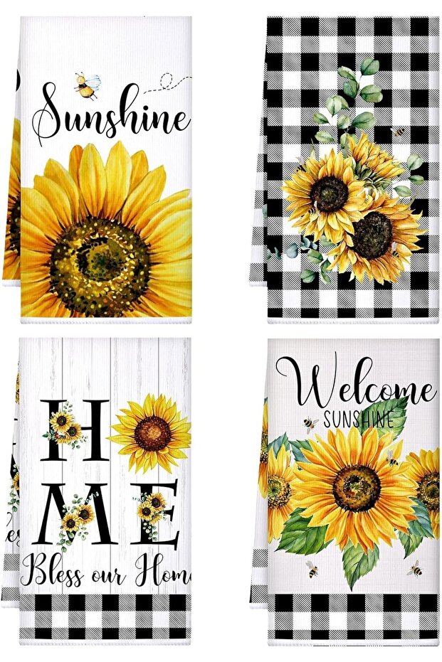 Sunflower Kitchen Towels 4-Pack - Super Absorbent Reusable Dish Cloths