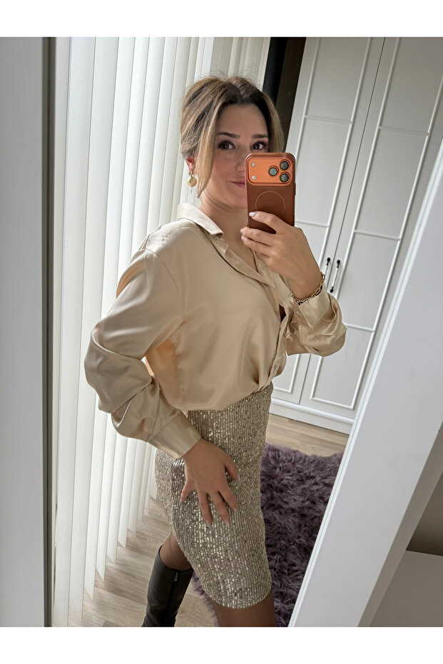 Pullu Payet Etek Bej - 2