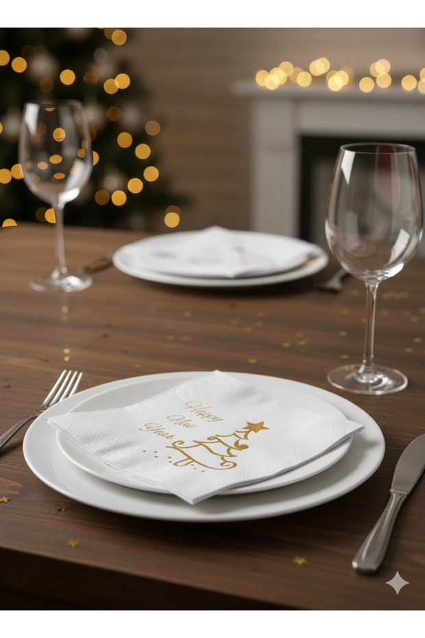 16-Piece New Year Themed Double-Layered Napkins - Happy New Year Gold Foil White Luxury Invitation Napkin Set