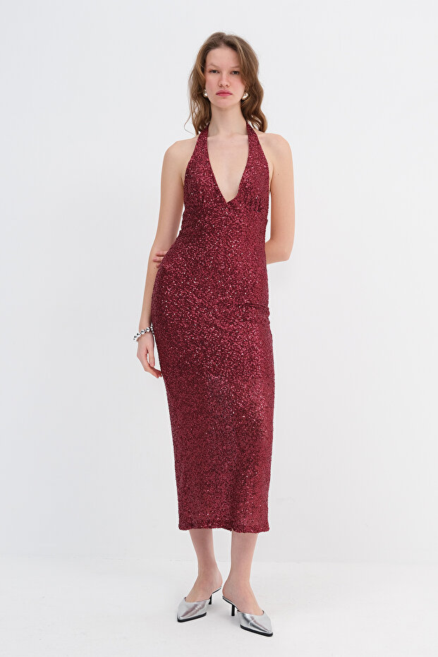 Sırt Dekolteli Pullu Elbise E198 - 5