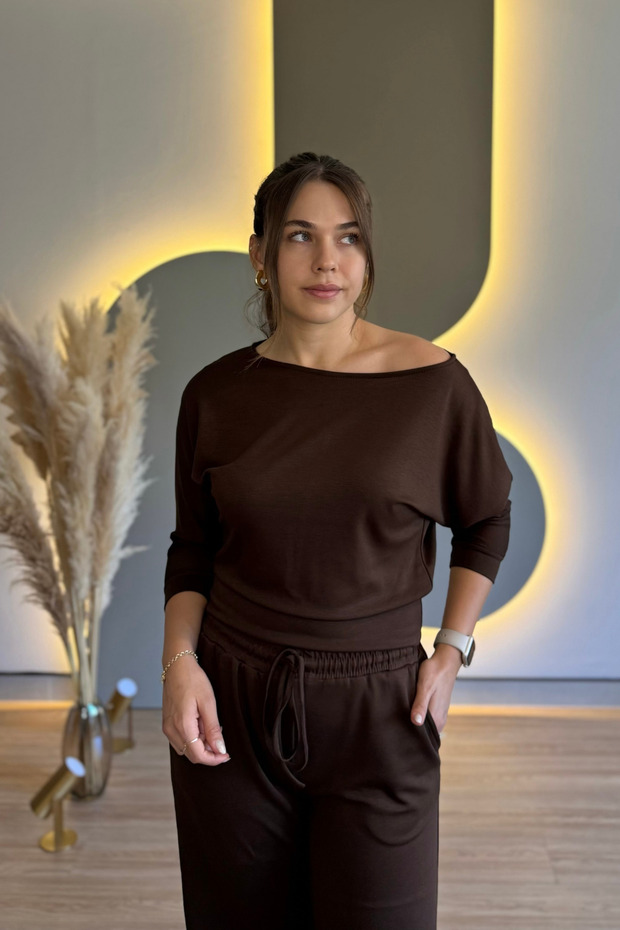 Boat Neck Modal Fabric Brown Suit