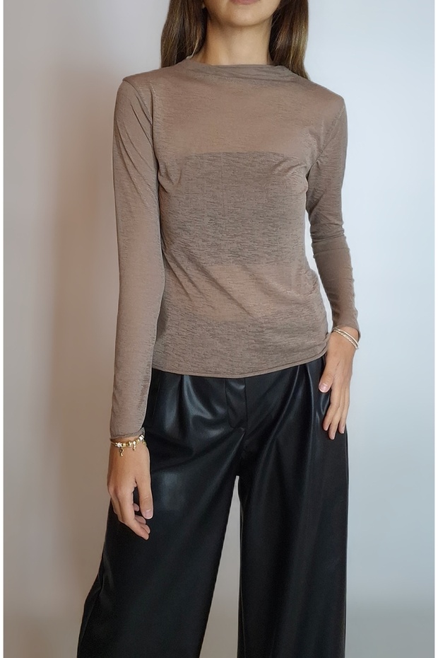 Women's Brown Mock Neck Transparent Knitted Blouse Yy101304