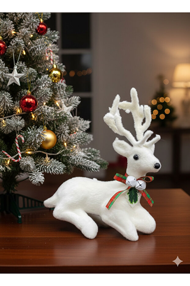 20 cm X 20 cm – Christmas Deer Sitting Decorative Figure with White Velvet Fur for Table and Party Decoration
