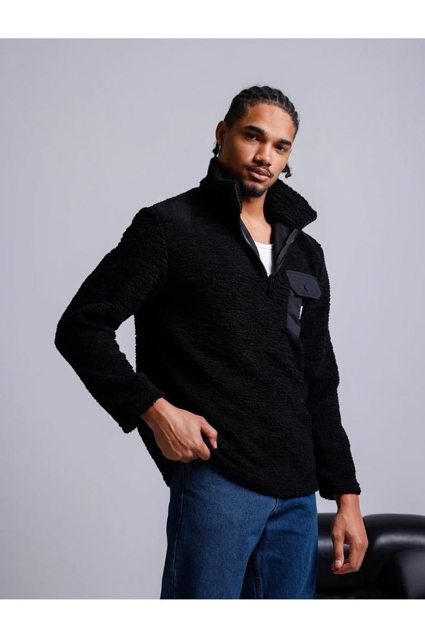 Unisex Plush Lamb Wool Teddy Fleece Sweatshirt / High Collar Half Zipper Borg Jacket