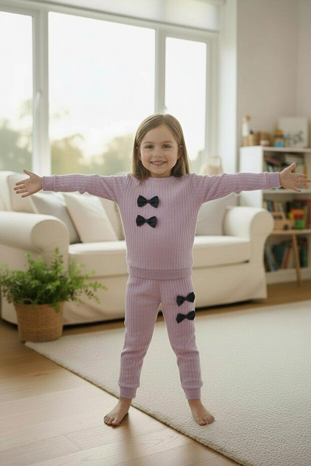 Cotton Report Bow Detailed Girls' Top and Bottom Set