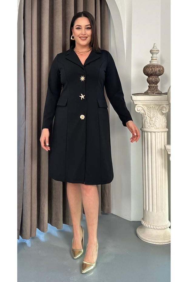 Women's Plus Size V-Neck Seashell Brooch Long Sleeve Stretchy Midi Evening Dress 25101 Black