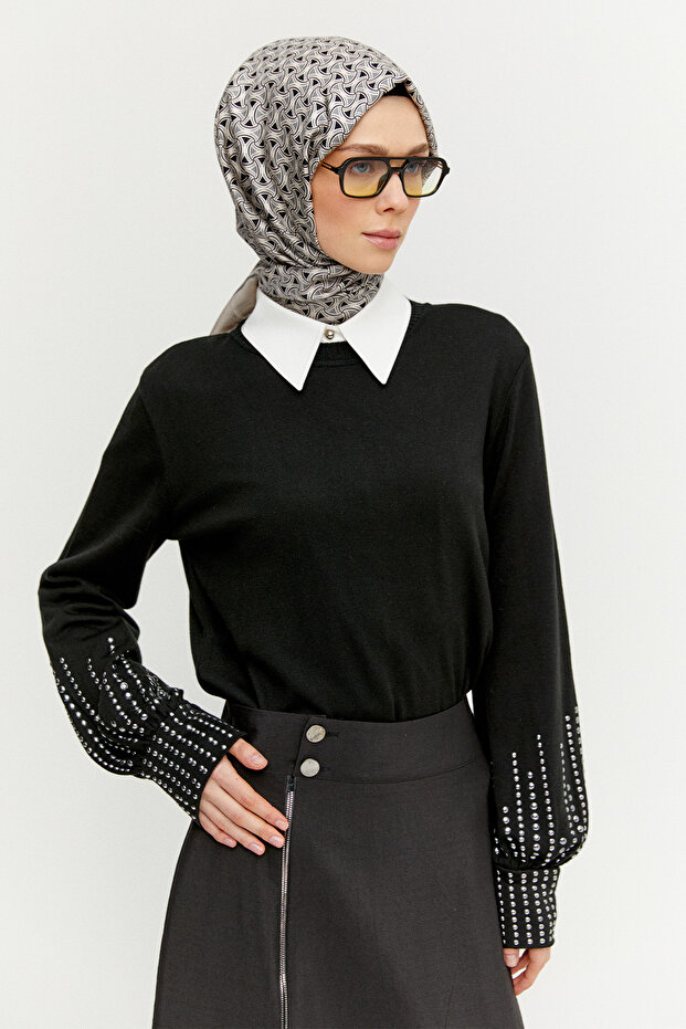 Taş Detaylı Triko Bluz - 4