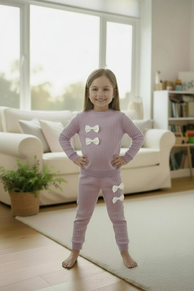 Cotton Report Bow Detailed Girls' Top and Bottom Set