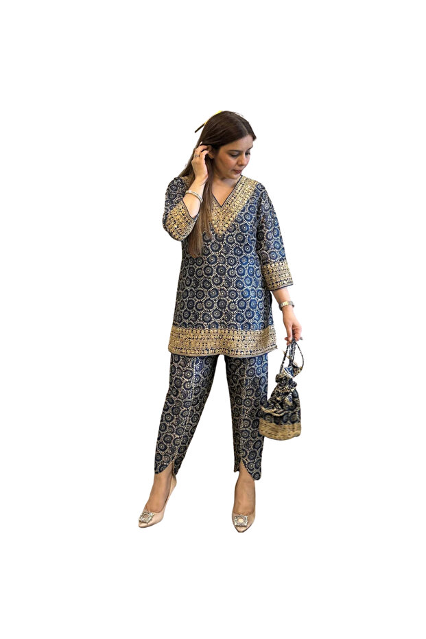 Blue Cotton Co-Ord - HRT5338 | Blue-Size:2XL-44-Inches