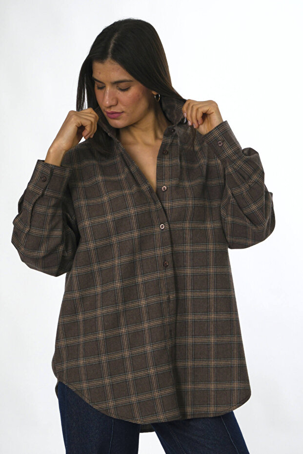Kadın Oversize Ekose Gömlek - 6