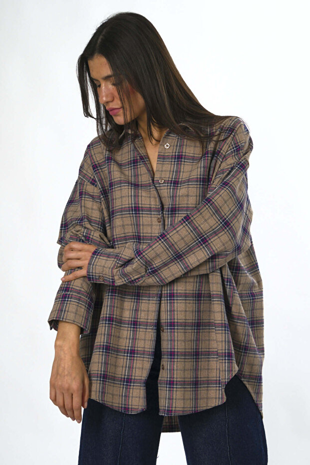 Kadın Oversize Ekose Gömlek - 3