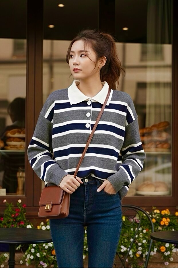 Smoked Polo Neck Striped Knit Sweater
