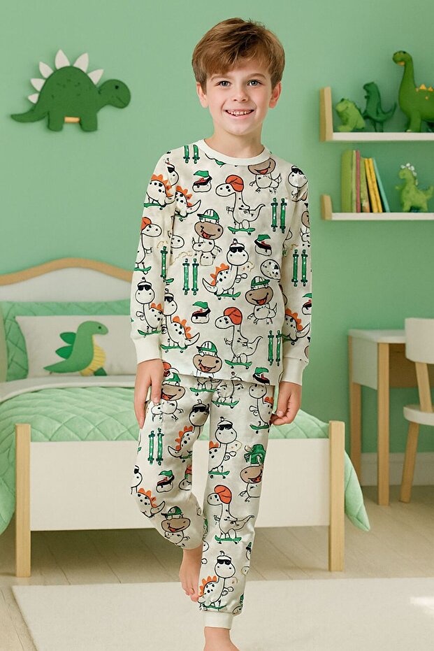 Elmas Kids Baby Boy-Child White Color Dinosaur Patterned 100% Cotton Pajama Set