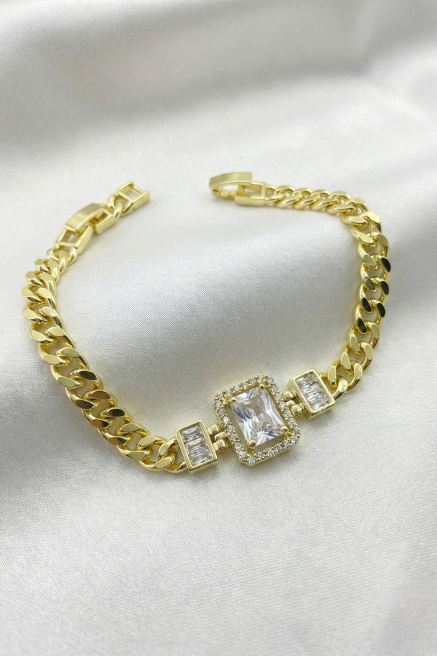Bracelet Gourmet Bracelet Chain Bracelet Series Zircon Stone Baguette Gourmet Chain Steel - Gold Color Non-Tarnish Special Design Luxury Jewelry (19 cm)