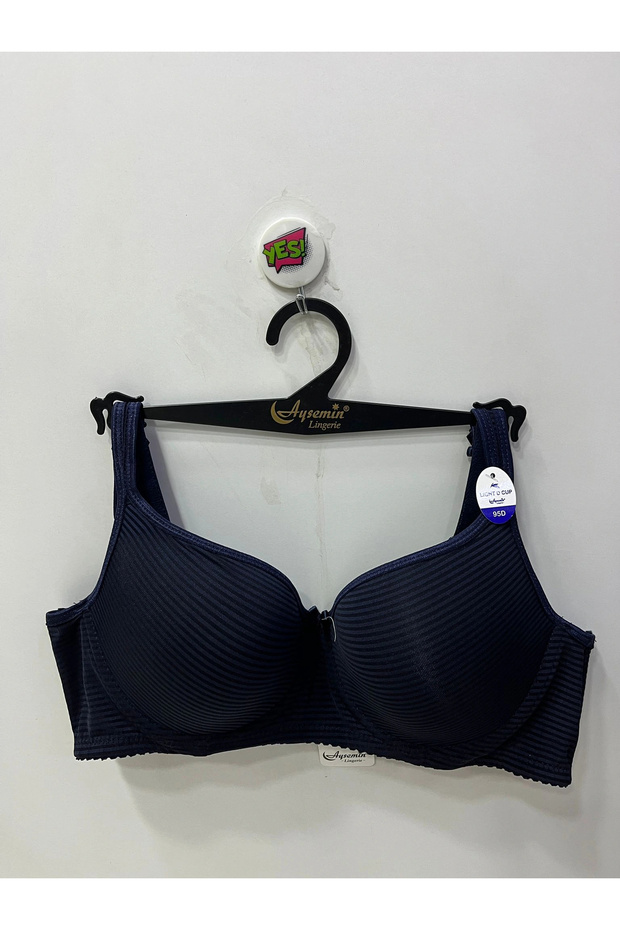Women's Stripe Patterned D Cup Shaping / Sculpting Navy Blue Bra