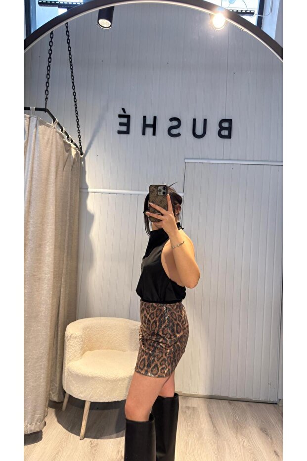 PULLU PAYETLİ LEOPAR ŞORT ETEK - 3