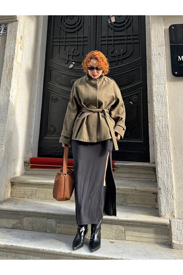 Mock Neck Cashmere Jacket with Premium Tie Detail